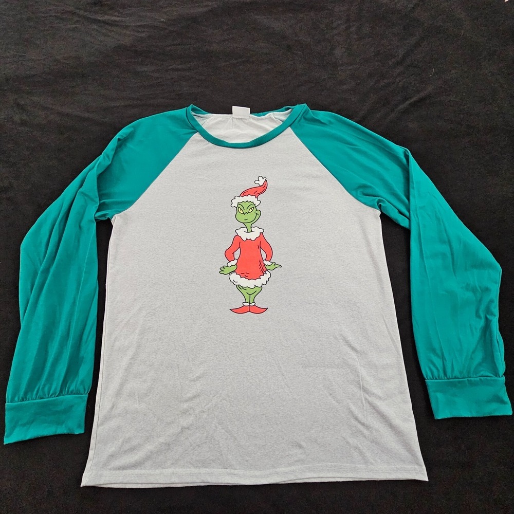 Grinch Christmas Gray/Green‎ Colorblock Long Sleeve Pajama Top Adult L